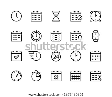 Time and calendar line icons. Business planning and schedule optimization pictograms with clock, alarm, stopwatch and chronometer. Vector set simple icon symbols timekeeper, sign time relativity