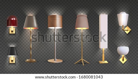 Realistic floor lamp. 3D closeup render of modern electric torchere with light isolated on transparent background. Vector illustration light furniture set for illumination interior