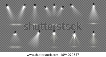 Spotlight for stage. Realistic floodlight set. Illuminated studio spotlights for stage. Vector illustration stage lighting effect for theater or concert backdrop