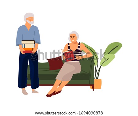 Elderly couple. Hand drawn old people reading book on sofa. Vector cartoon illustration characters loving couple in elderly