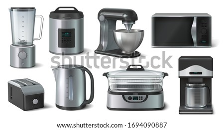 Realistic household. Blender microwave electric kettle and other kitchen appliances. Vector 3D set kitchen interior equipments for householder cooking isolated on white background