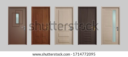 Realistic doors. 3D wooden home entry front doors, white and brown office inside entry. Vector set isolated illustration entrance door on white background