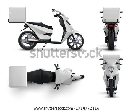 Delivery scooter. Realistic motorcycle with blank bag for food and drinks, restaurant and cafe courier bike with white box. Vector illustration motor bike in different positions set