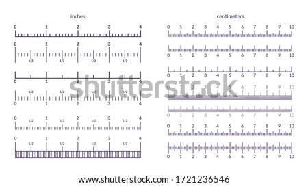 Ruler scale. Measuring metrics and inch indicators, precision line graphic with centimeter marks. Vector isolated illustration set of ruler signs for measurement Stok fotoğraf © 