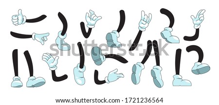 Cartoon arms and legs. Mascot doodle hands in white gloves showing gestures and feet in boots kicking running and standing. Vector illustration sketch comic collection