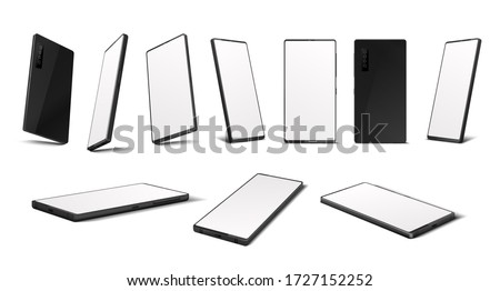 Realistic smartphone. Mobile phone mockup with blank screen in different isometric perspective. Vector illustration isolated 3D cellphone from different sides set isolated on white background