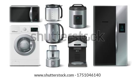 Kitchen appliance. Domestic electronic house hold devices, kettle microwave toaster blender. Vector collection illustration of realistic 3D mockups home appliances