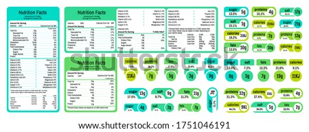 Nutrition table. Information table of ingredients and calories, labels with daily value of salt sugar fat and saturates. Vector nutrition label facts about vitamins on food