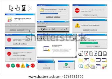 Old computer window. Popup warning, error and installation windows, media player and file manager classic retro design. Vector illustration vintage tab 90s software UI