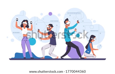 VR gaming. Cartoon friends playing games together on simulator with augmented reality and virtual reality glasses. Vector 3D gaming and entertainment for leisure future technology