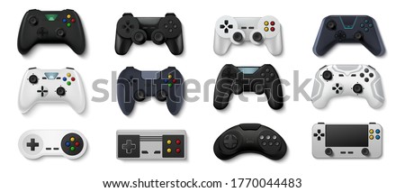 Realistic gamepads. Play console and PC games and stay at home concept, 3D video game controllers. Vector illustration icon set of gaming devices for computer console