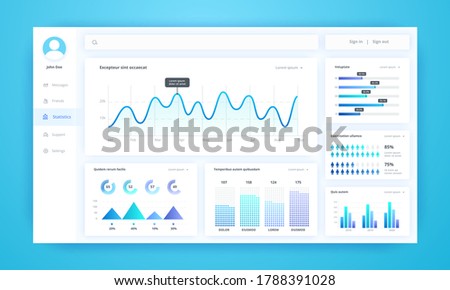 Infographic dashboard. UI kit with diagrams, pie charts, line progress bars and histogram graphs for business presentation. Vector illustration admin panel interfaces elements