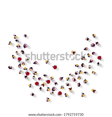 Crowd top view. People standing in half-circle and looking in one direction, business concept of social interacting. Vector illustration urban event view from above at large group of people