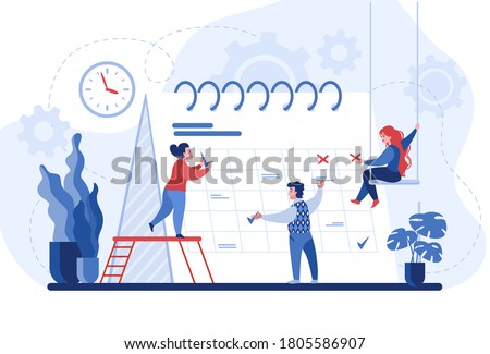Planning concept. Entrepreneurship and calendar schedule planning with filling course campaign. Vector illustration events social media content and professional plan workers communications