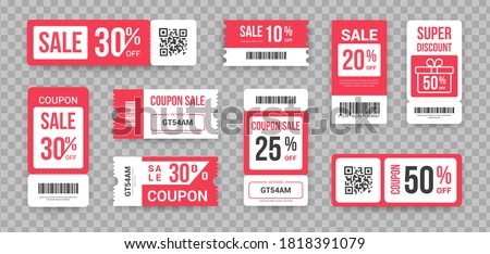 Discount tickets. Sale marketing promotion collection ribbed lottery paper coupon design mockups with barcode, tear-off QR-code. Templates with reduced price vector set in red and white colors