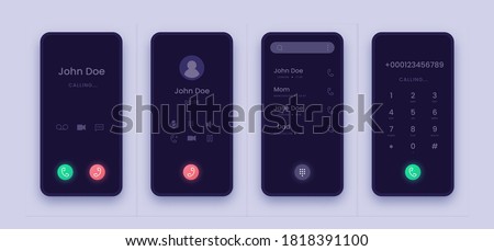 Incoming call screen. Smartphone application UI with contact interface, dial answer and decline buttons. Dark display for advertising gadgets, webposts and banners. Vector realistic mobile mockup