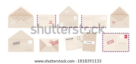 Envelope and greeting card. Cartoon invitation letter and postcard set with post stamps. Kraft paper square covers front and back, open and close postal express delivery. Vector isolated collection