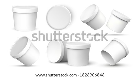 Ice cream buckets. Realistic blank white mockup of ice cream paper food container in different views. Vector isolated illustration empty 3D template for packaging presentation