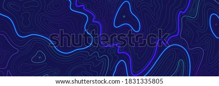 Topography relief contouring line. Geographic outlines, elevation map or ocean floor surface with cross signs. Modern landscape liquid gradient, radar readings. Vector cartography texture illustration