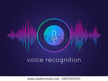 Voice recognition concept. Artificial intelligence recognizes speech. Microphone round button icon and soundwave. Smart technologies, media application template. Vector audio recording illustration