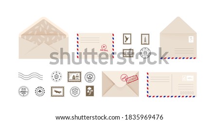 Post card and envelope. Collection open and close letters and postage stamps in front and back side. Paper or cardboard template with copy space. Express mail delivery advertising, vector isolated set