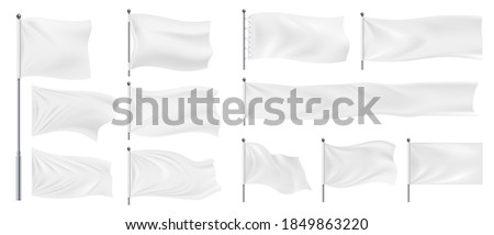 Realistic banner flags. 3D white blank textile signs and waving fabric for advertising. Isolated horizontal chrome steel stands hold empty canvases. Templates for logo and emblem, vector pennant set