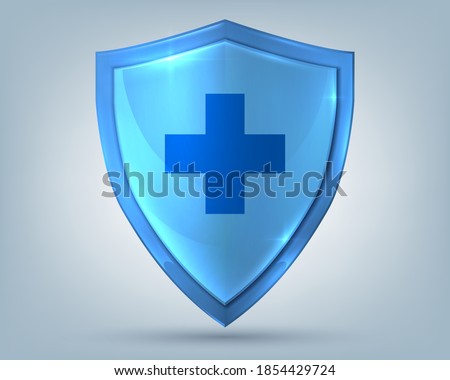 Health shield. Realistic glass protection symbol with cross sign, healthcare security label. Medicine and personal protective equipment advertising emblem. Medical logo template, vector illustration