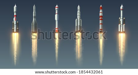 Rocket launch. Realistic spaceship with takeoff smoke track and fire burst. Spacecraft with steam jet trace. Collection of going up space vehicles. Shuttles of various designs, vector isolated set