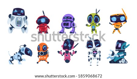 Modern robots. Cartoon friendly mascots. Colorful personal assistants. Collection of mechanical toys. Artificial intelligence or scientific innovation technologies. Vector isolated automation machines