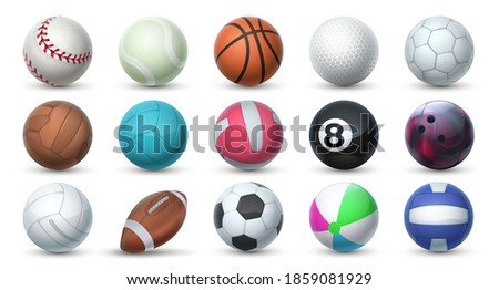 Realistic sport balls. 3D equipment for football, soccer, baseball, golf and tennis. Vector set illustration of balls for professional sport activities and games isolated on white background