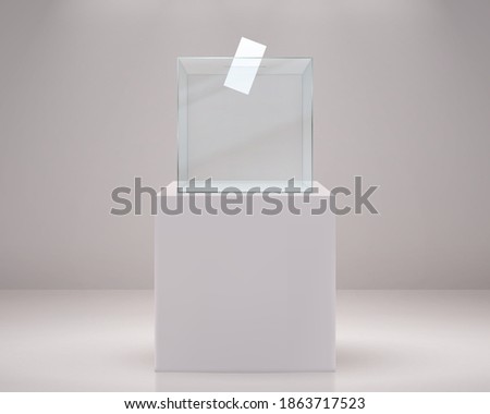 Realistic vote box. Election paper ballot, 3D glass transparent container on white podium. Plastic poll cube with hole and place for logo. Confidential choose political candidates. Vector illustration