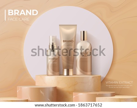 Cosmetic product on pedestal. Realistic banner with 3D podium for skin care. Luxury cream, lotion and beauty spray. Advertising store poster with place for text and logo. Vector brand identity mockup