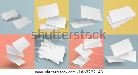 Realistic business cards. Blank mockup of cardboards and flyers with shadow overlay effects from plants. Stacks of paper and flying sheets on colorful background. Vector empty template with copy space