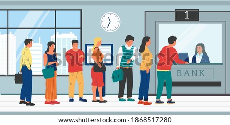 Bank queue. Cartoon people standing in row to cashier. Men and women waiting in line. Payments and money transfer, making financial transactions at cash desk, vector banking flat illustration