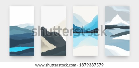 Abstract landscape. Minimalist posters in Asian style with watercolor hills and rocks or mountains. Clear sky and horizon. Reflection in water. Layered hand drawn banner. Vector decorative flat set