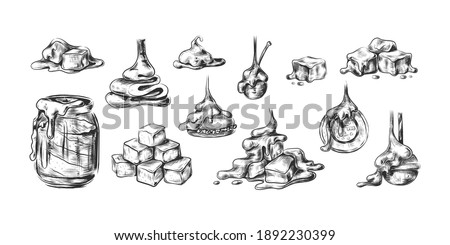 Liquid caramel. Toffee drop sketch style collection, sweet dessert splash, candy syrup or topping for desserts, square sugar candy lollipops. Vector caramelized sauce isolated on white background set