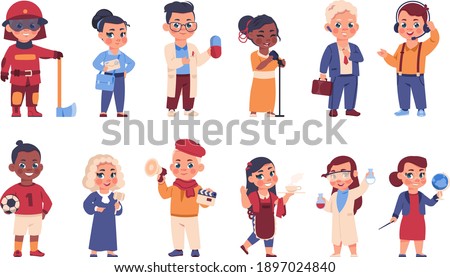 Kids in uniform. Cartoon cheerful children in costumes of different occupations. Choice of profession. Cute happy young characters wear suits of doctor and fireman, judge or postman, vector set