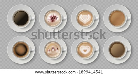 Realistic coffee cup. Top view of milk creams in cup with espresso cappuccino or latte, 3d isolated cafe mugs.  illustration coffee drink with image on foam in white cups set on transparent