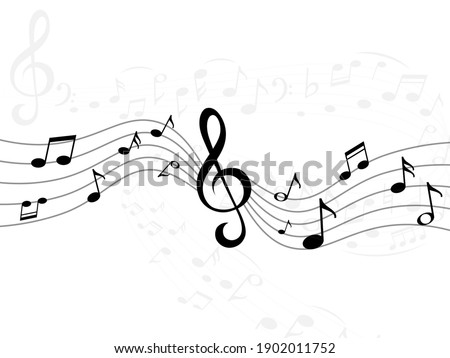 Music notes wave. Curve lines with musical signs. Sound recording stripes. Piano melody signature. Decorative black treble clef and sound symbols. Vector acoustic composition, flat style illustration