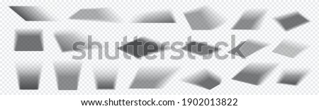 Realistic square shadow. Falling gray shades from rectangular objects. Collection of isolated overlay blackout effects on transparent background. Light from window. Vector decorative templates set