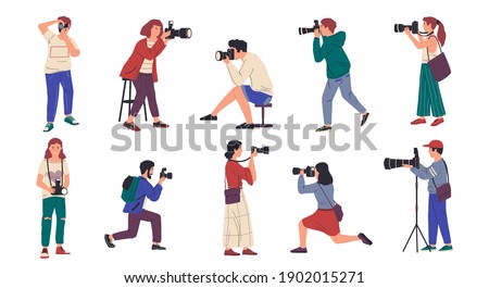 Photographers. Cartoon people with professional cameras taking pictures. Isolated men and women shoot photography. Photo correspondent career or paparazzi occupation. Hipsters hobby, vector flat set