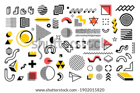 Abstract geometric shapes. Modern line memphis graphic elements. Decorative background with minimal lines and halftone figures. Composition of outline hatching forms or dots. Simple contour vector set