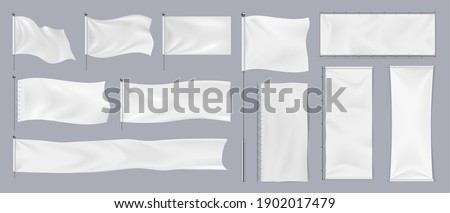 Realistic textile banners. 3D blank waving cotton flags. Empty fabric signboards for advertising. White canvas hanging on chrome stand. Horizontal or vertical pennants for brand identity, vector set Stockfoto © 