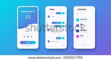 Chat app. Smartphone messenger. Communication application UI template with sign in, messaging and contacts screens. Collection of mobile interfaces design with buttons, vector modern phones set