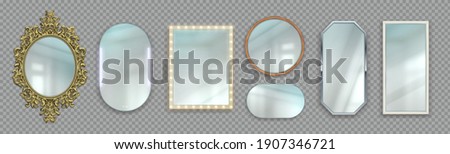 Realistic mirrors. 3D round and rectangular reflective surfaces. Modern or classic and decorative vintage frames. Framework with light bulbs. Vector interior furniture set on transparent background