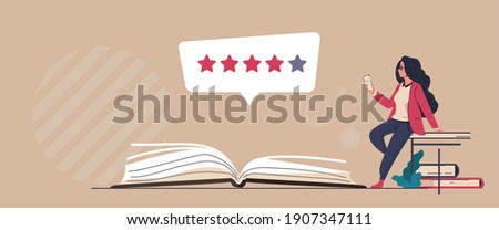 Book review. Reader feedback. Online service for analysis and comments about publications. Literature rating concept. People read and share opinions about stories or novels. Vector literary critic