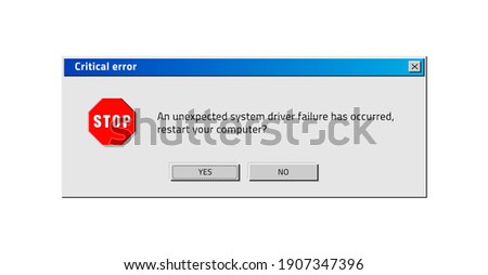 Old computer window. Popup critical error. System reboot request. Classical design of program notification with buttons. Electronics software bug. Warning information. Vector retro pixel illustration