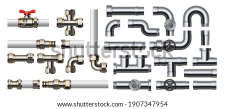 Metal pipeline. Realistic industrial conduit with connections and valves. 3D glossy stainless steel or white plastic tubes for water and gas. Pipe construction kit. Vector engineering plumbing system Foto stock © 