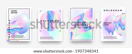Holographic posters. Gradient minimal iridescent foil graphic mesh, neon purple and pink 90s trendy effect. Vector abstract hologram cover collection, pearlescent horizontal minimal background set Stock foto © 