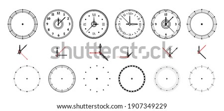 Clock face. Vintage and modern watch dial with decorative and minimal arrows. Roman or Arabic numerals and measurement pointers. Contour chronometers design templates kit. Vector round timepiece set Foto stock © 